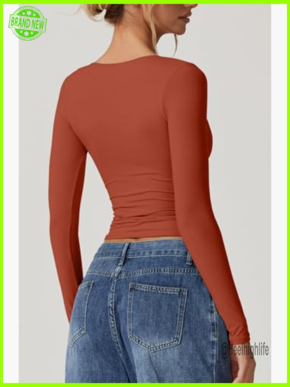 Double Lined Seamed Cup Cropped Long Sleeve V-Neck T-Shirt - Picture 2 of 7
